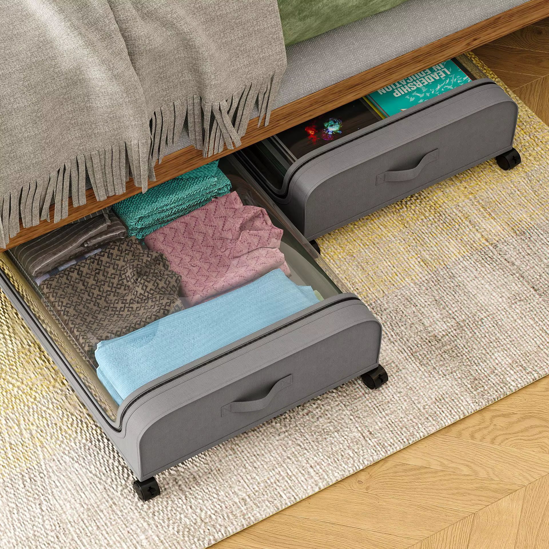 Rangement Sous Lit Mobile et Pliant Moderne – Boîte de Stockage en Tissu Oxford avec Roulettes pour Couettes, Vêtements et Chaussures